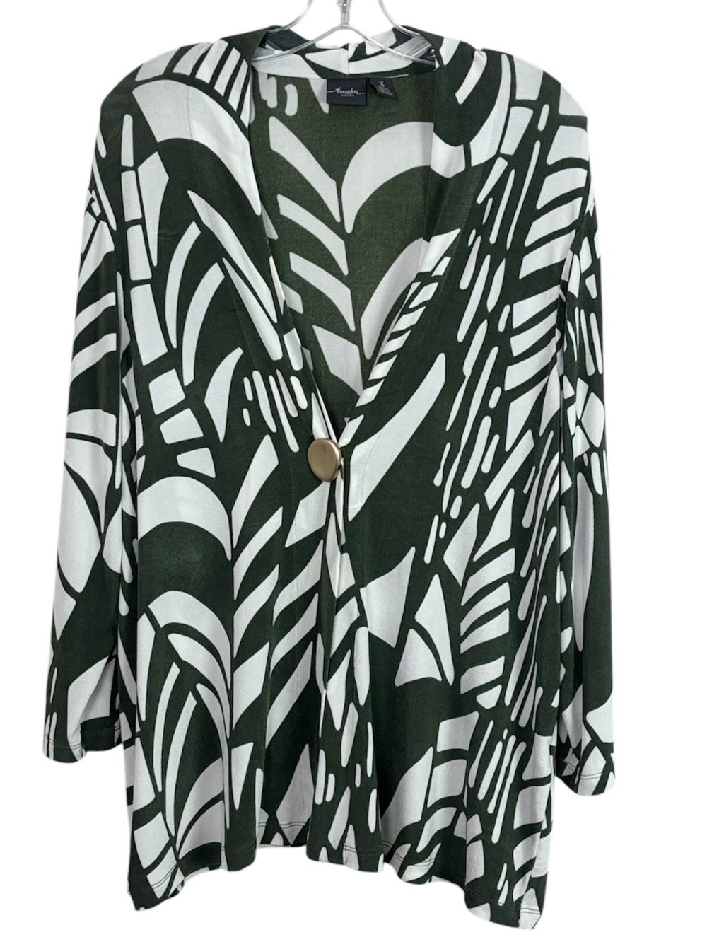 Chico’s Abstract Leaf-Print Green and White Women's Cardigan One Button Sz 3